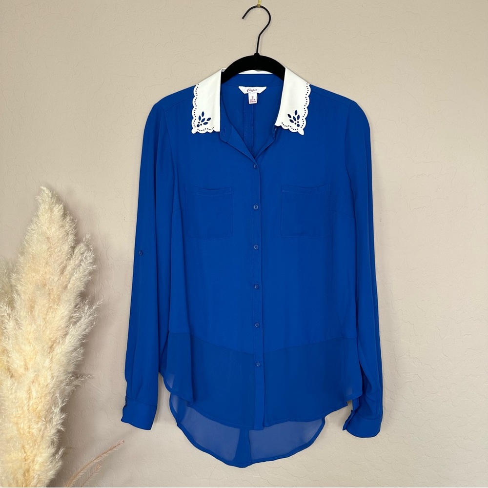 Candie's Blue Button Down Long Sleeve Shirt w/ Faux Leather White Collar, Size S